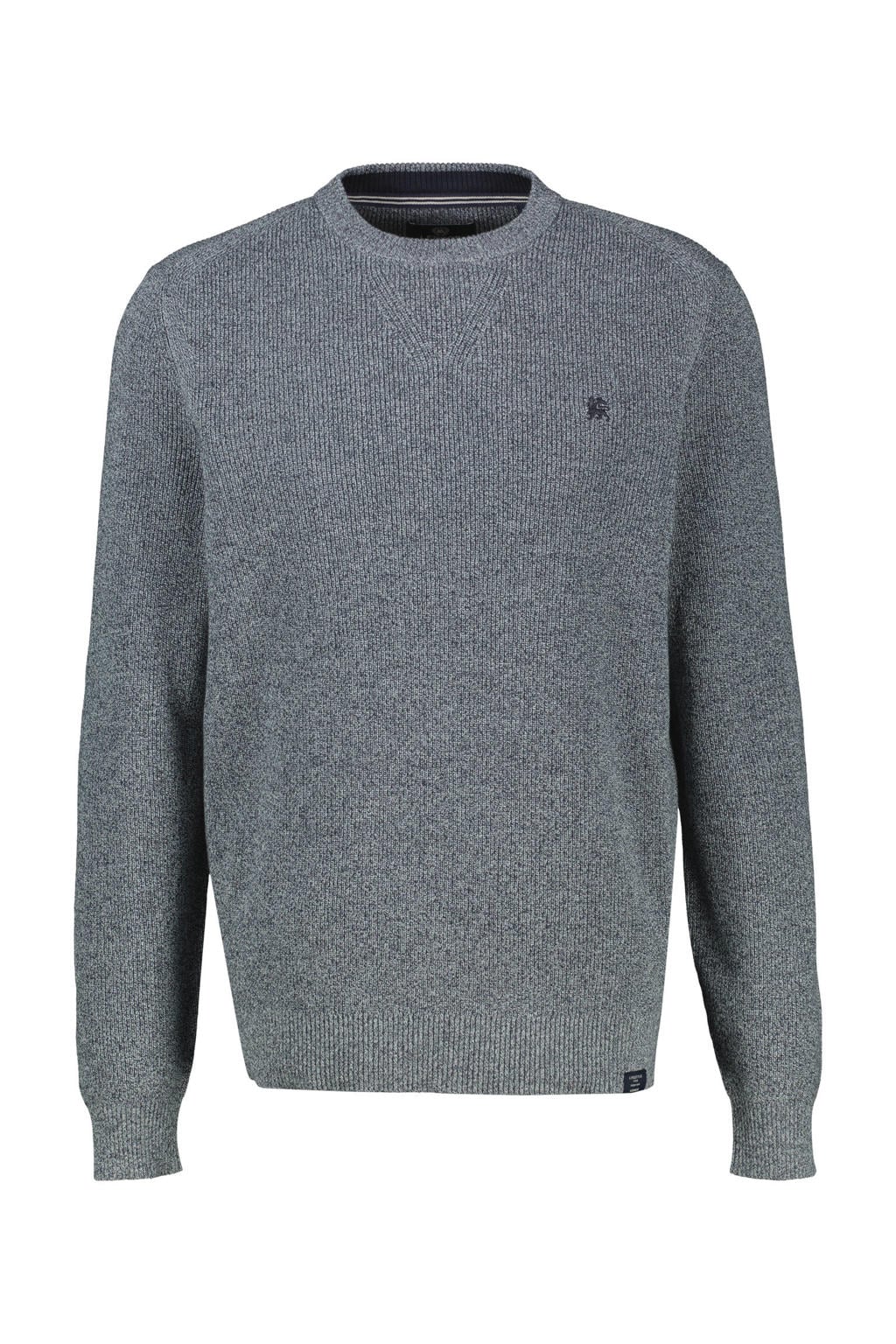 Grijsblauwe heren LERROS katoenen regular fit gebreide gemêleerde trui blauw met melée print, lange mouwen en ronde hals
