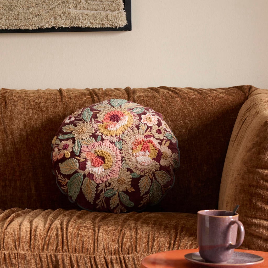 Studio LIVIT Avi ronde gebloemd sierkussen Ø 40 cm - donkerrood/groen/roze