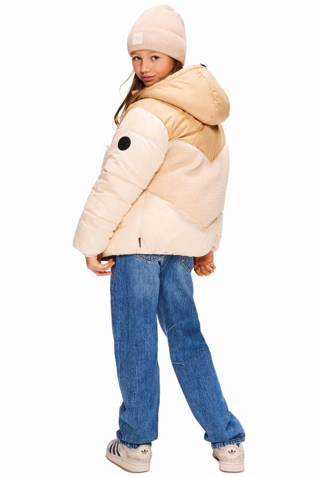 Beige, lichtbeige en lichtbruine meisjes Retour Jeans gewatteerde teddy winterjas van polyester met meerkleurige print, lange mouwen, capuchon en ritssluiting