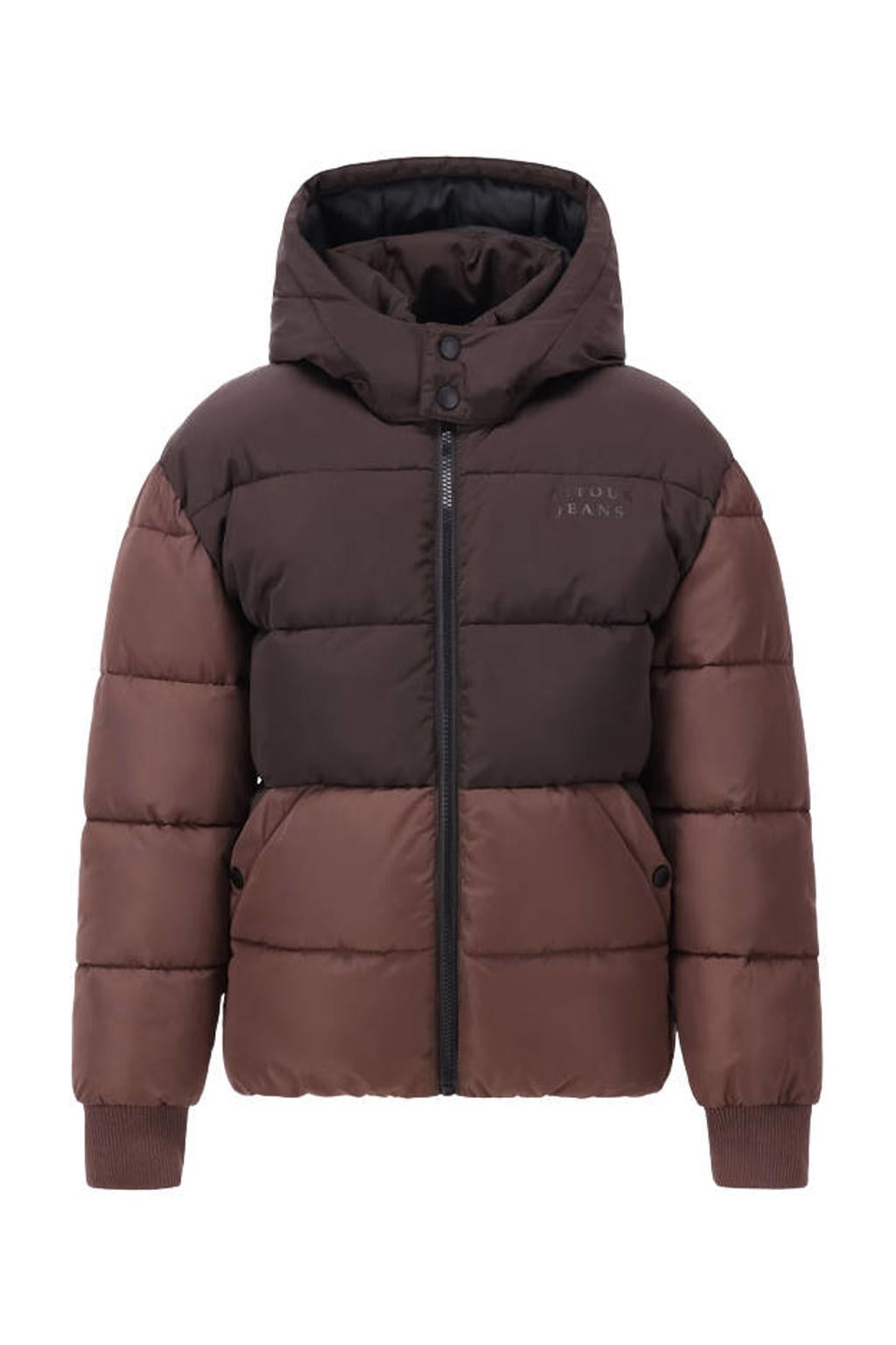 Donkerbruin en bruine jongens Retour Jeans gewatteerde winterjas van polyester met meerkleurige print, lange mouwen, capuchon en ritssluiting