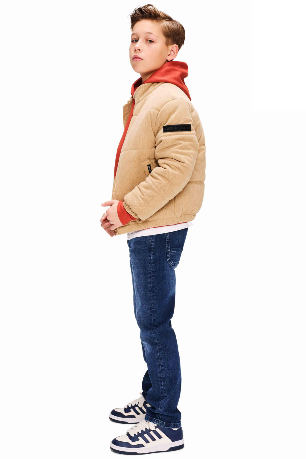 Beige jongens Retour Jeans corduroy winterjas met effen, lange mouwen, opstaande kraag en ritssluiting