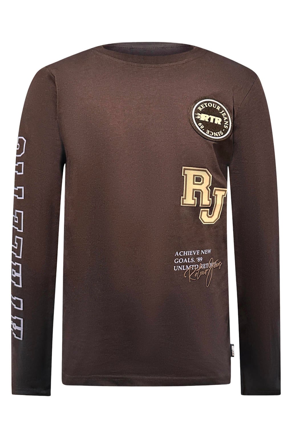 Donkerblauwe jongens Retour Jeans rechtvallende longsleeve van katoen met printopdruk, lange mouwen en ronde hals