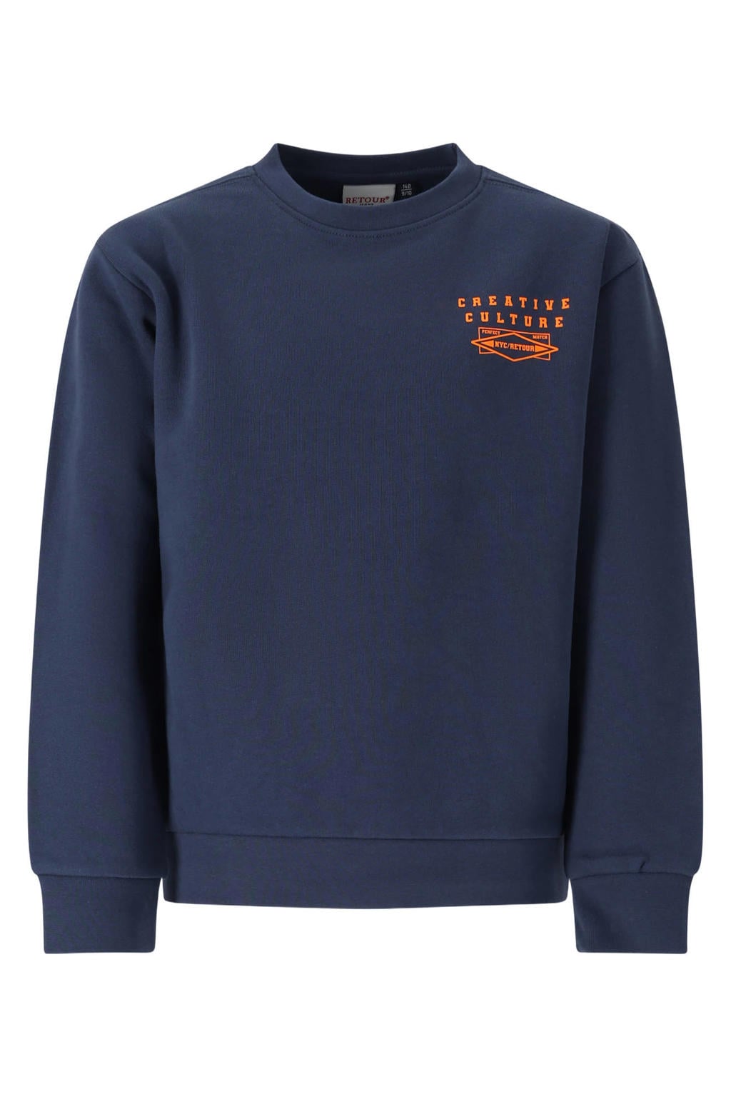 Donkerblauwe jongens Retour Jeans rechtvallende sweater indigo met backprint, lange mouwen, ronde hals en geribde boorden
