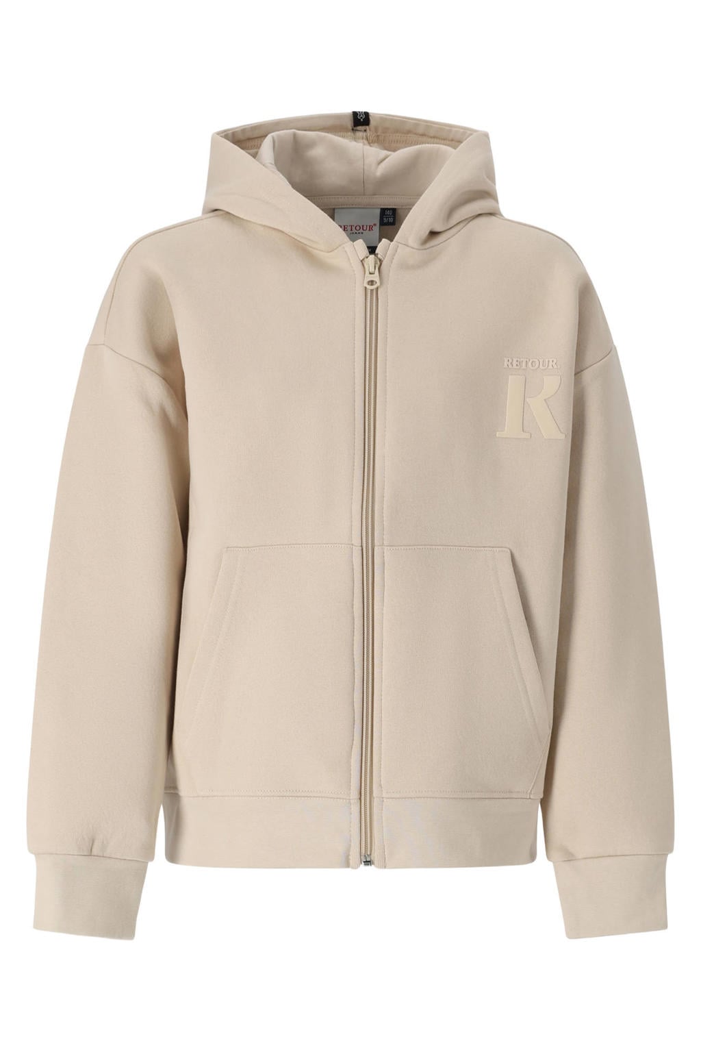 Beige jongens Retour Jeans rechtvallend sweatvest met logo dessin, lange mouwen, ronde hals, ritssluiting en geribde boorden