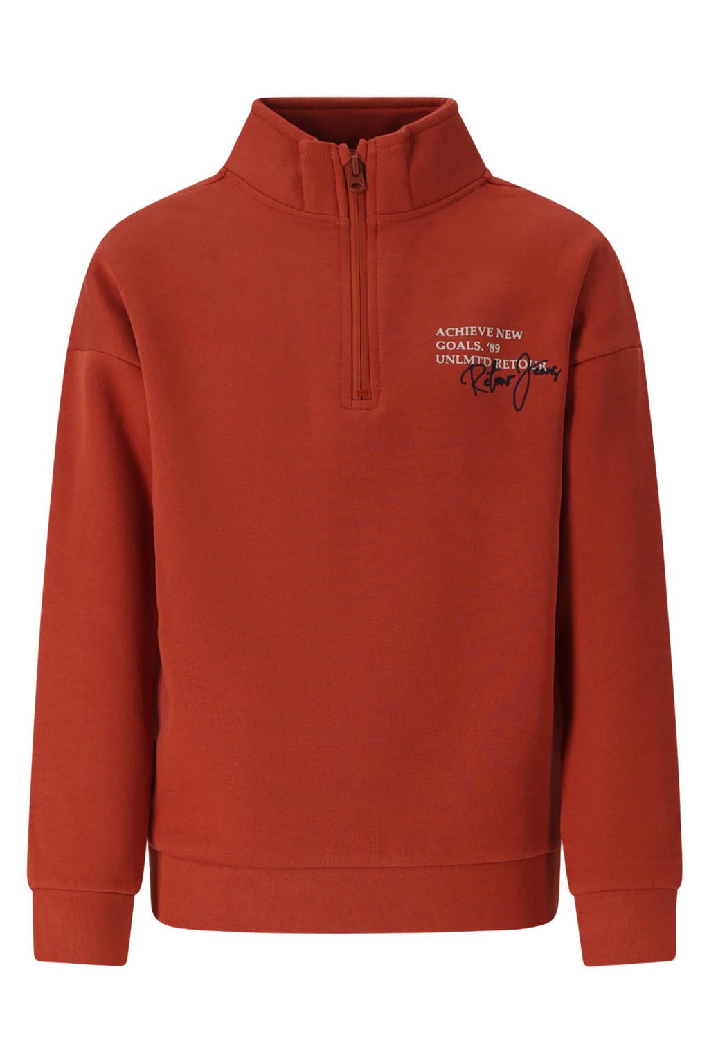 Rode jongens Retour Jeans rechtvallende sweater met printopdruk, lange mouwen, opstaande kraag, halve rits en geribde boorden