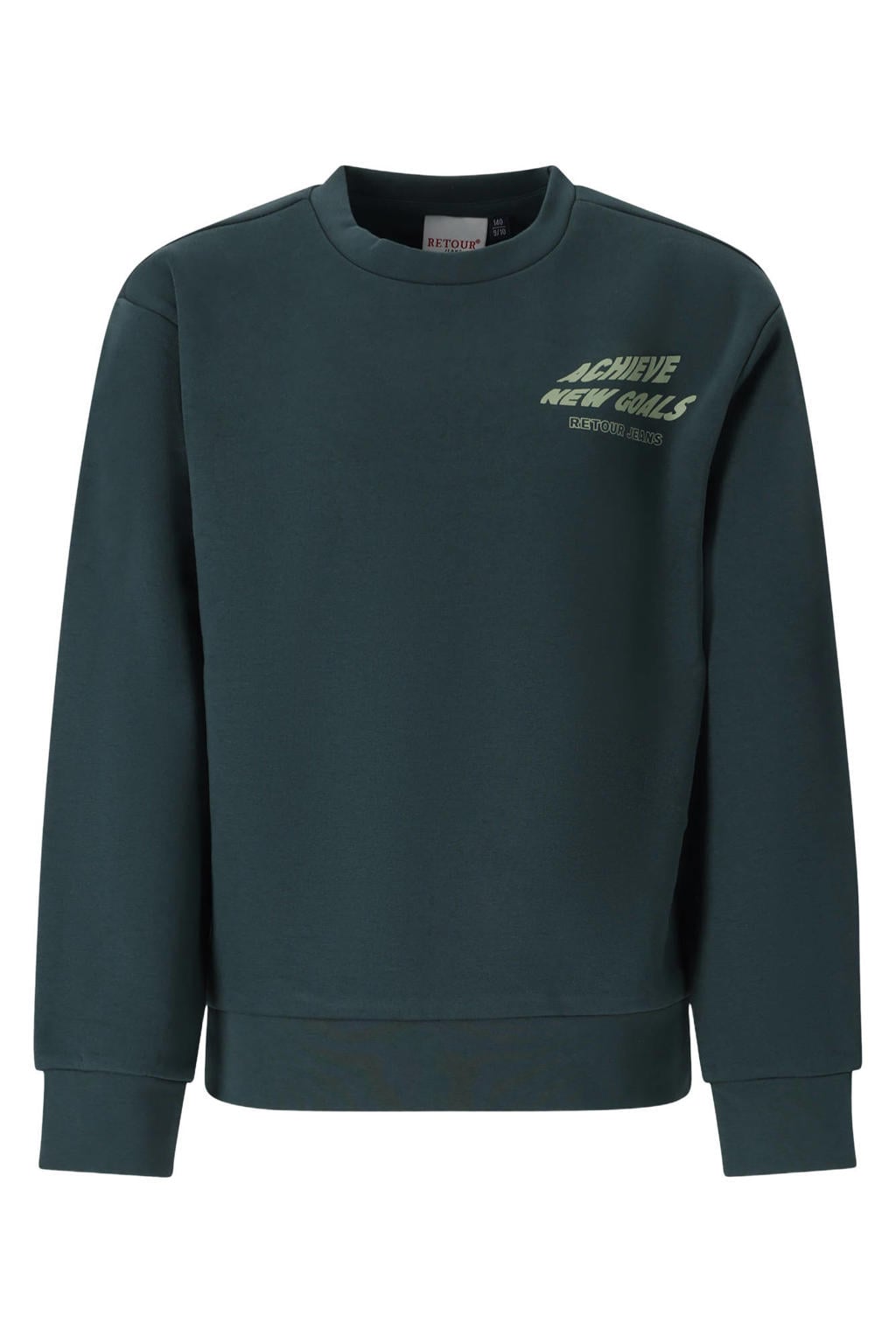 Donkergroene jongens Retour Jeans rechtvallende sweater met backprint, lange mouwen en ronde hals