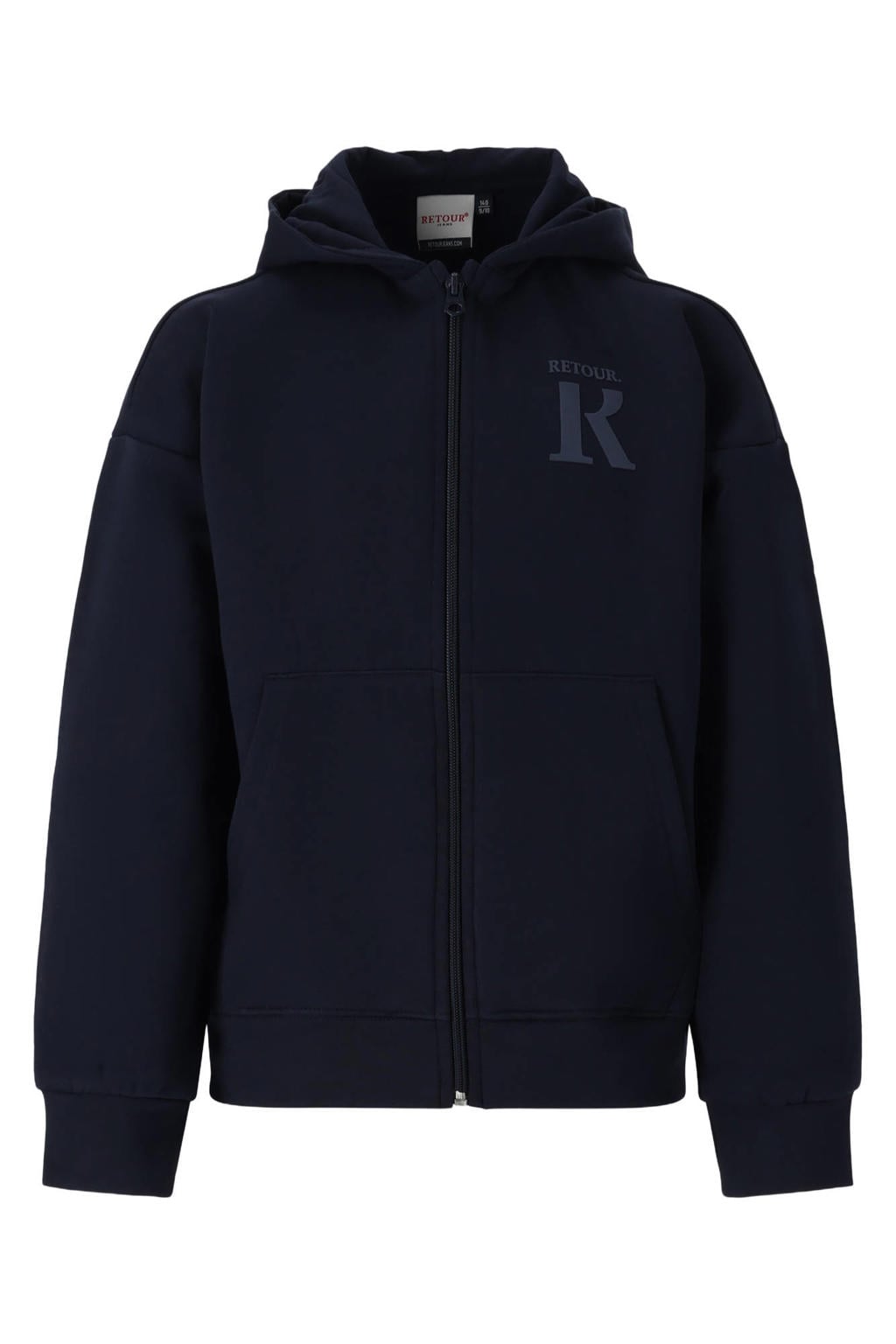 Donkerblauwe jongens Retour Jeans rechtvallend sweatvest met logo dessin, lange mouwen, ronde hals, ritssluiting en geribde boorden