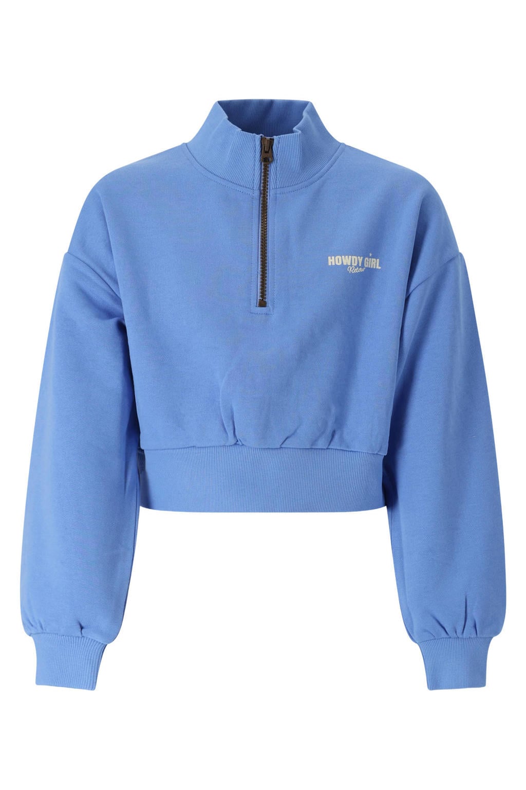 Lichtblauwe meisjes Retour Jeans boxy cropped trui van sweat materiaal met backprint, lange mouwen, opstaande kraag, halve rits en geribde boorden