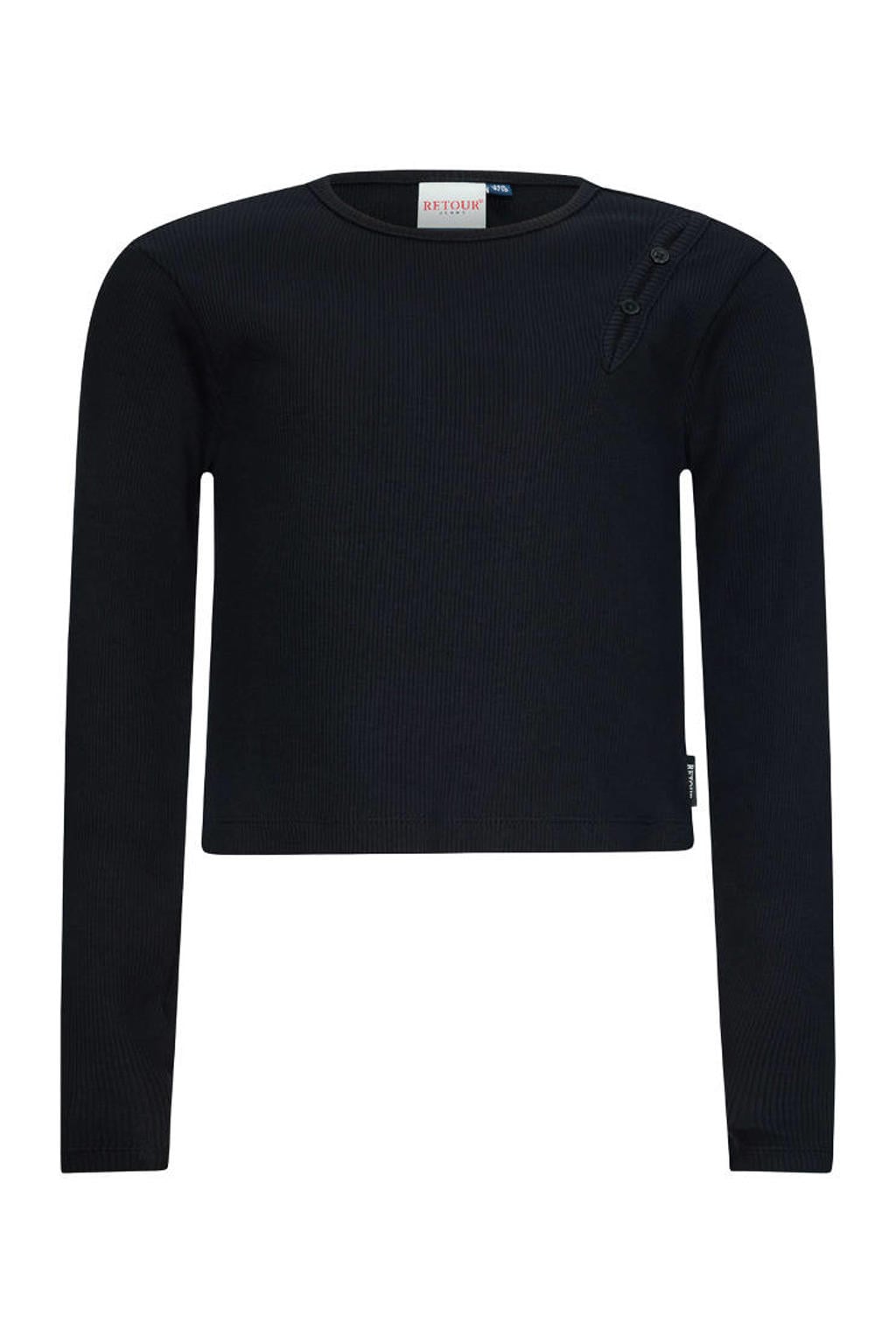 Zwarte meisjes Retour Jeans rechtvallende longsleeve van stretchkatoen met effen, lange mouwen, ronde hals en open detail