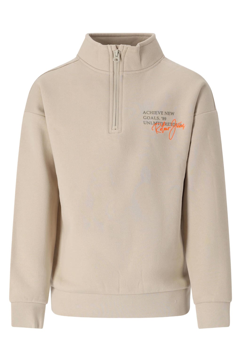 Beige jongens Retour Jeans rechtvallende sweater met printopdruk, lange mouwen, opstaande kraag, halve rits en geribde boorden
