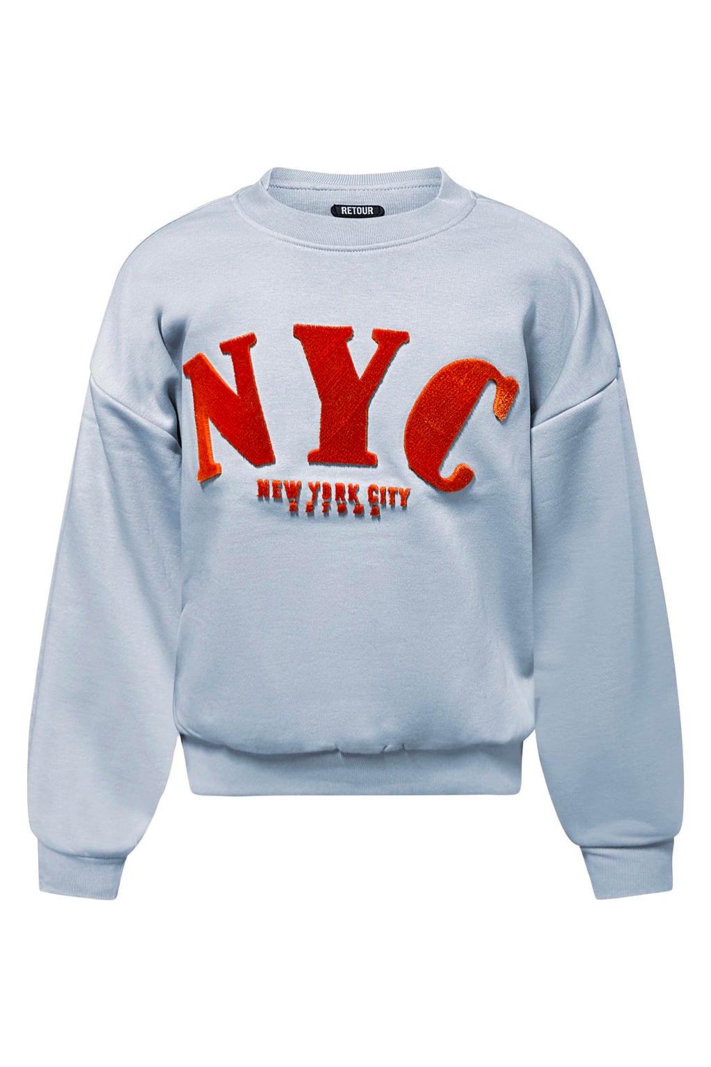 Lichtblauwe meisjes Retour Jeans boxy sweater met printopdruk, lange mouwen, ronde hals en 3D applicatie