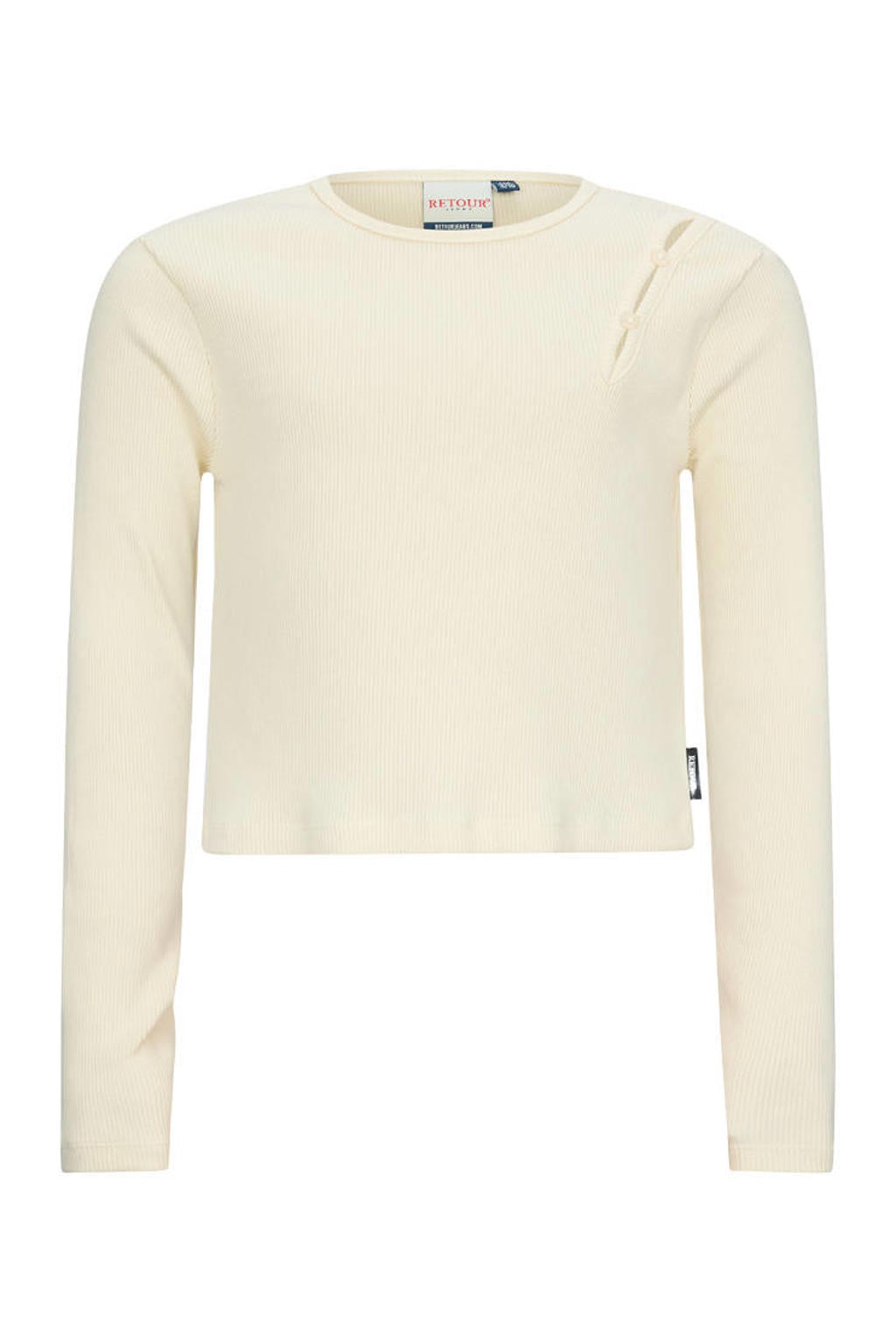 Beige meisjes Retour Jeans rechtvallende longsleeve van stretchkatoen met effen, lange mouwen, ronde hals en open detail
