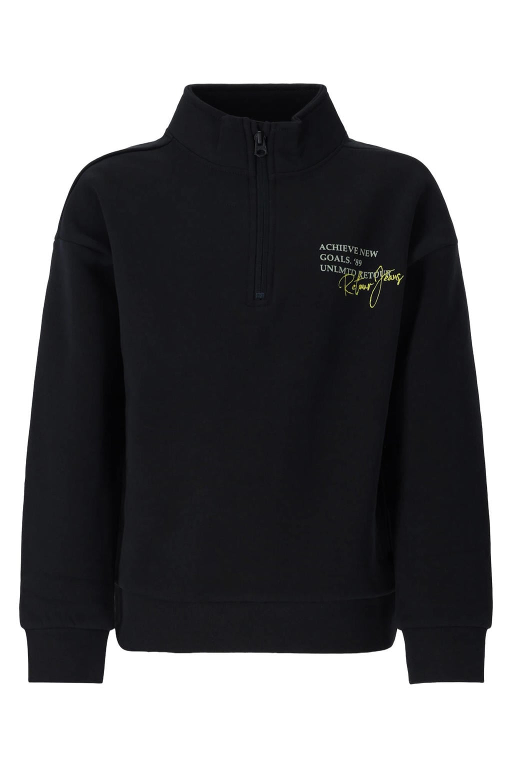 Grijze jongens Retour Jeans rechtvallende sweater met printopdruk, lange mouwen, opstaande kraag, halve rits en geribde boorden