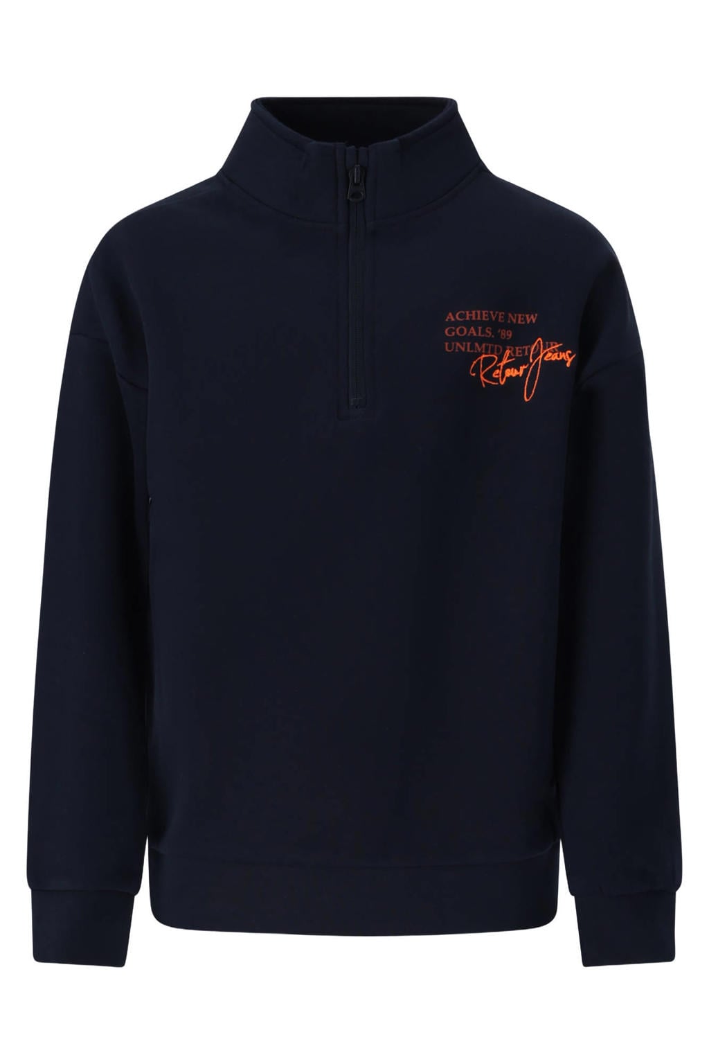 Donkerblauwe jongens Retour Jeans rechtvallende sweater met printopdruk, lange mouwen, opstaande kraag, halve rits en geribde boorden