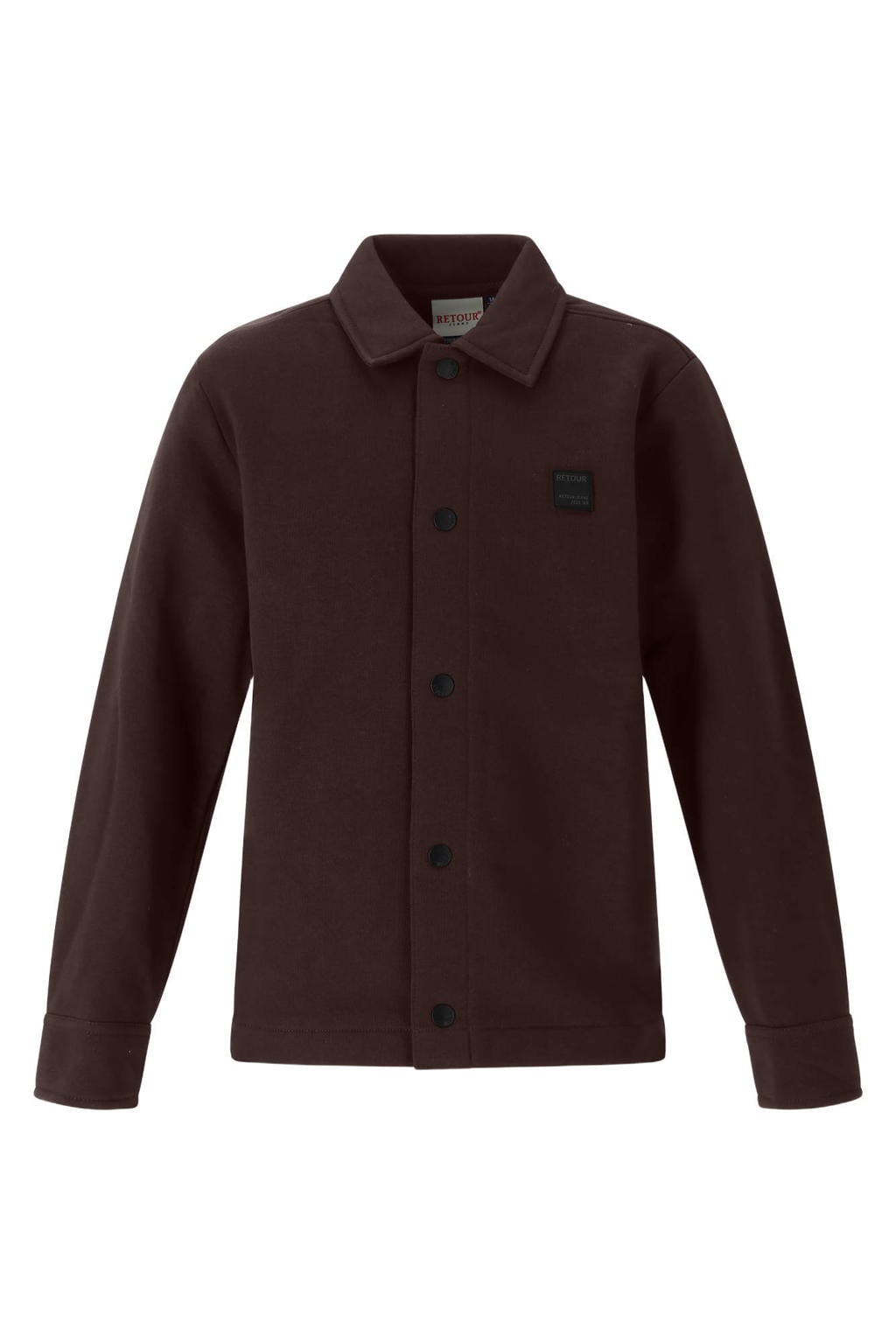 Donkerblauwe jongens Retour Jeans regular fit overshirt van sweat materiaal met effen, lange mouwen, klassieke kraag en drukknoopsluiting