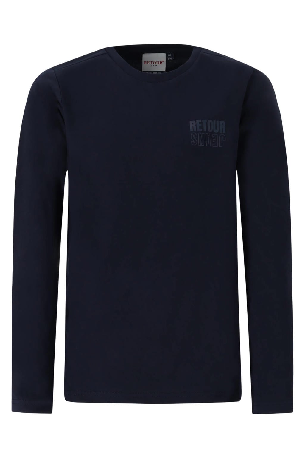 Donkerblauwe jongens Retour Jeans rechtvallende longsleeve van katoen met backprint, lange mouwen en ronde hals