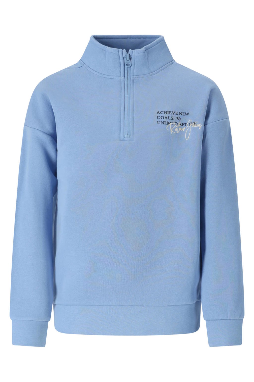 Lichtblauwe jongens Retour Jeans rechtvallende sweater met printopdruk, lange mouwen, opstaande kraag, halve rits en geribde boorden
