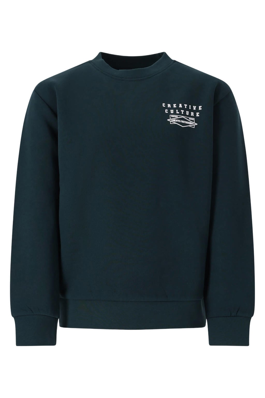 Donkergroene jongens Retour Jeans rechtvallende sweater met backprint, lange mouwen, ronde hals en geribde boorden