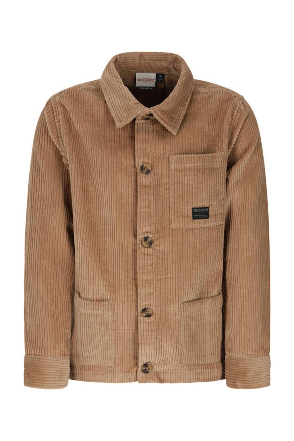 Beige jongens Retour Jeans corduroy overshirt van katoen met effen, lange mouwen, klassieke kraag en knoopsluiting