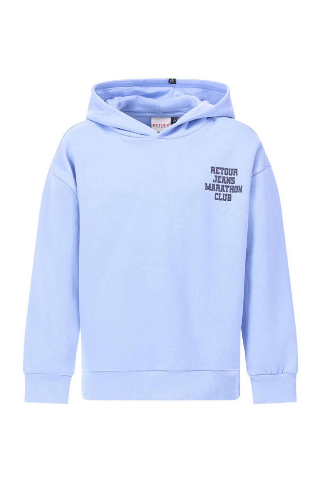 Lichtblauwe jongens Retour Jeans hoodie van sweat materiaal met backprint, lange mouwen en capuchon