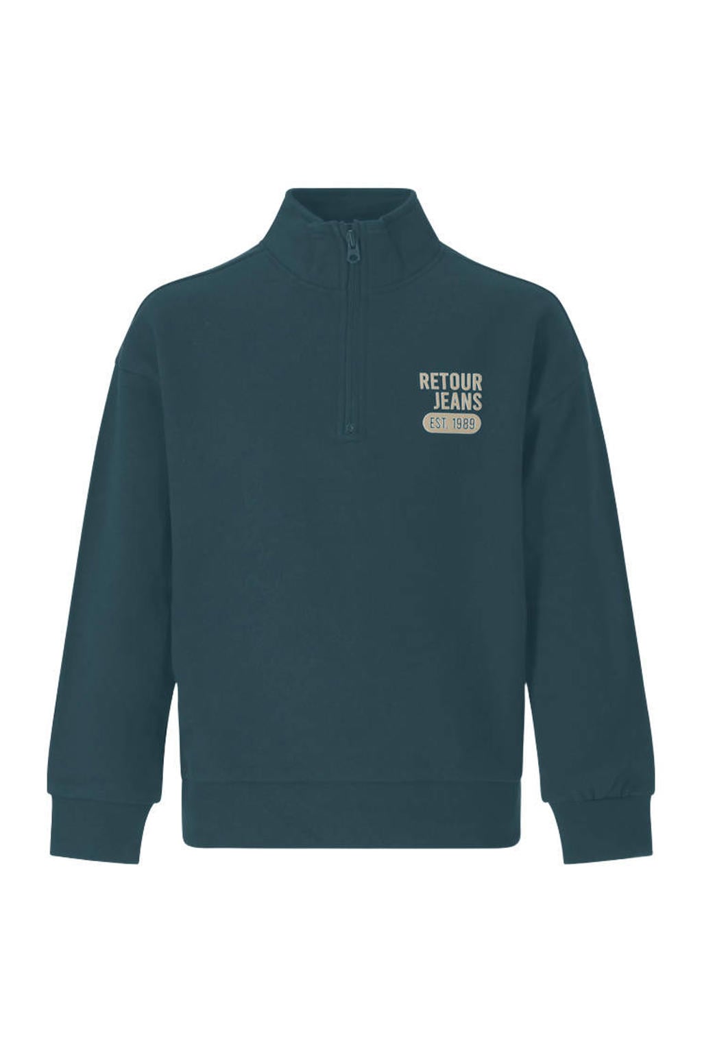 Donkergroene jongens Retour Jeans sweater met printopdruk, lange mouwen, opstaande kraag, ritssluiting en geribde boorden