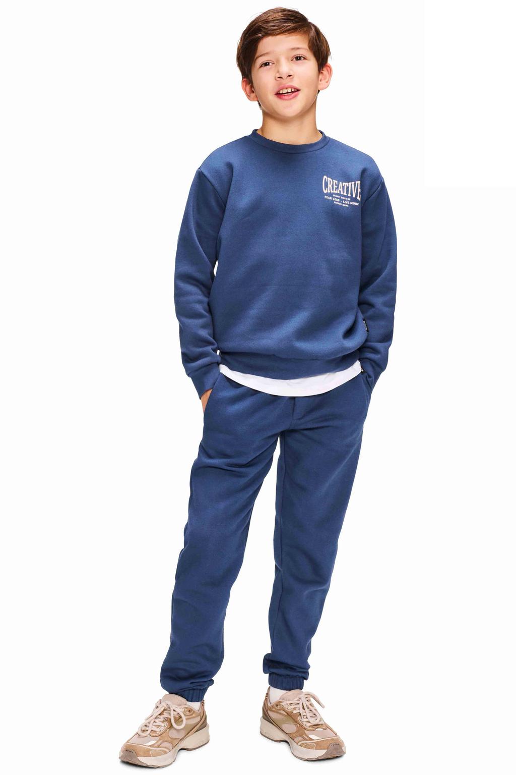 Blauwe jongens Retour Jeans sweater met backprint, lange mouwen, ronde hals en geribde boorden