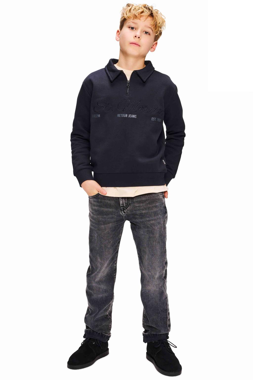 Grijze jongens Retour Jeans sweater en print met lange mouwen, klassieke kraag en borduursels