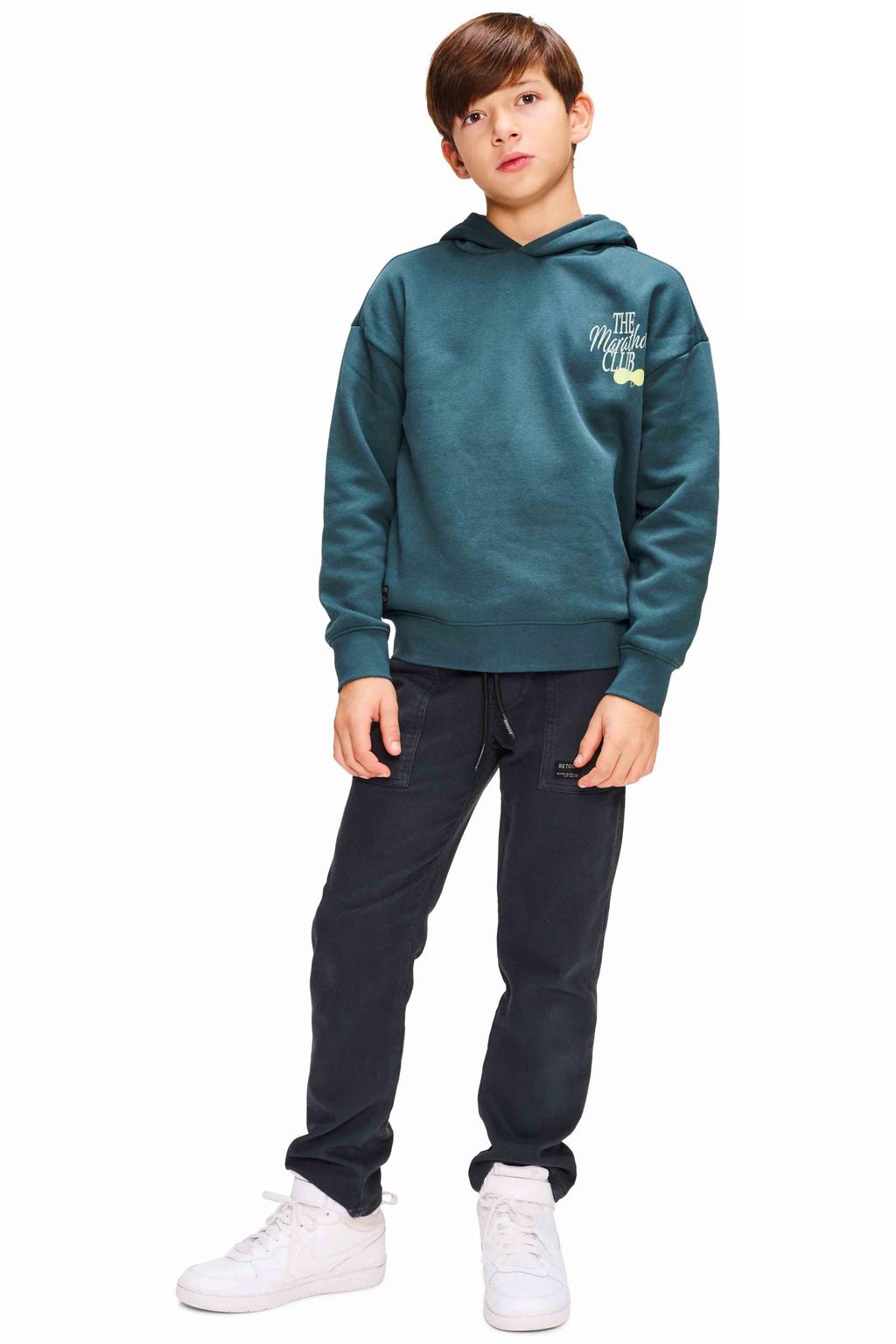Donkergroene jongens Retour Jeans hoodie van sweat materiaal met backprint, lange mouwen en ronde hals