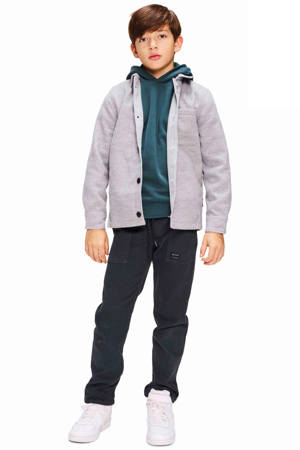 Grijs melange jongens Retour Jeans overshirt van polyester met effen, lange mouwen, klassieke kraag en knoopsluiting