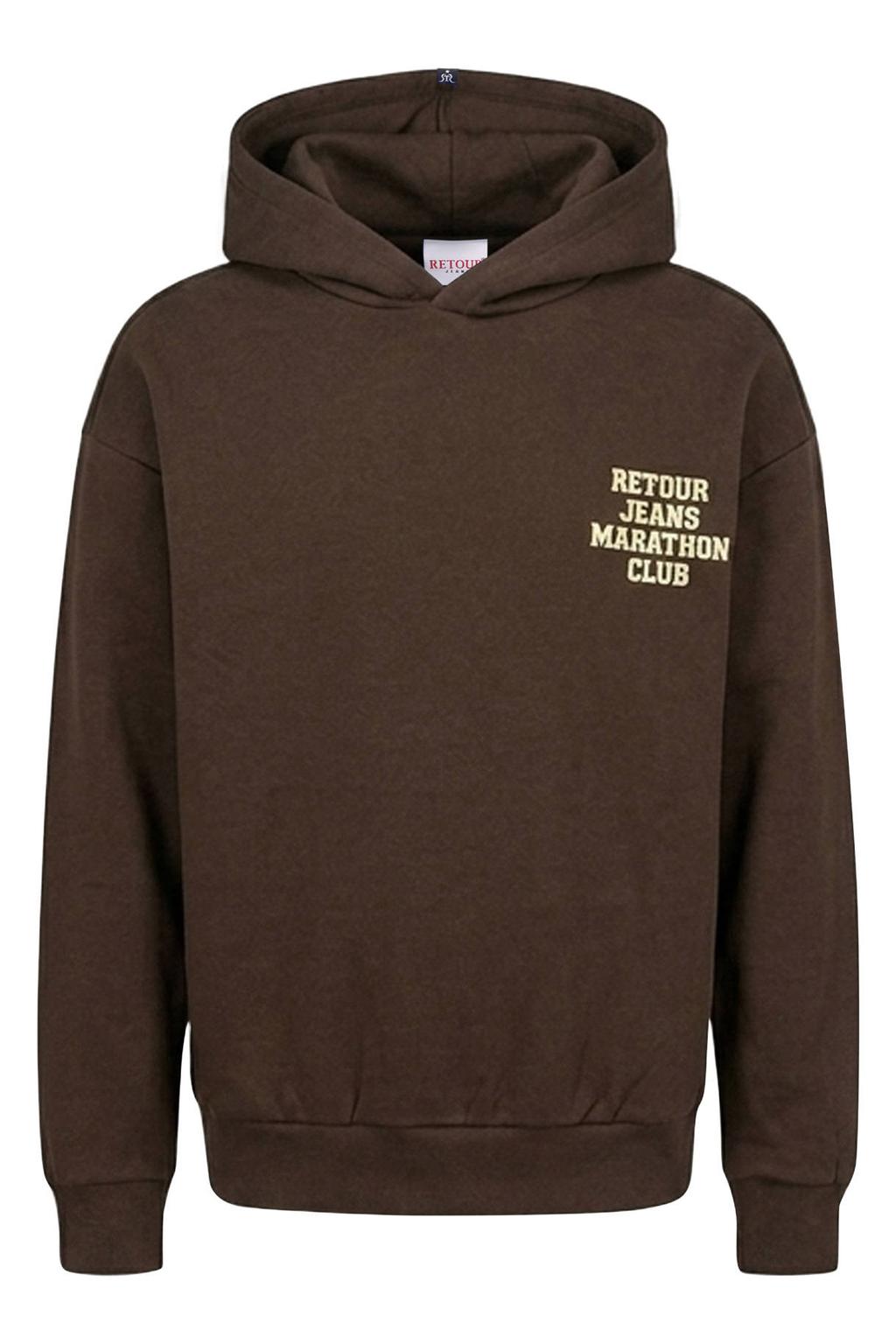 Donkerblauwe jongens Retour Jeans hoodie van sweat materiaal met backprint, lange mouwen en capuchon