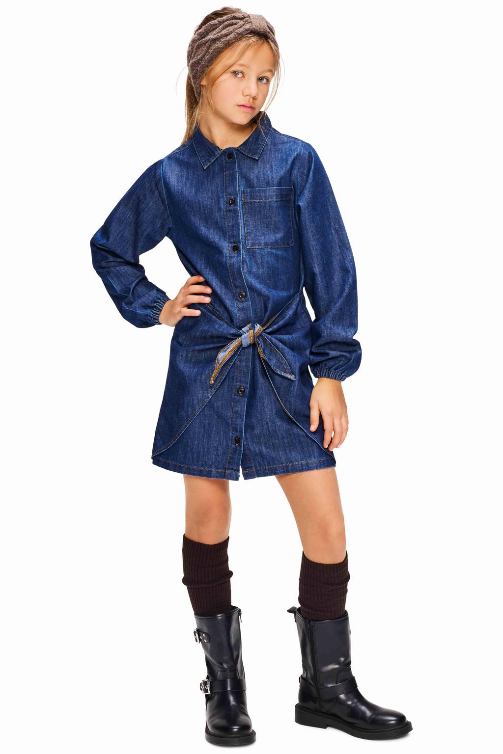 Dark blue denim meisjes Retour Jeans spijkerjurk van katoen-polyester met effen, lange mouwen en klassieke kraag