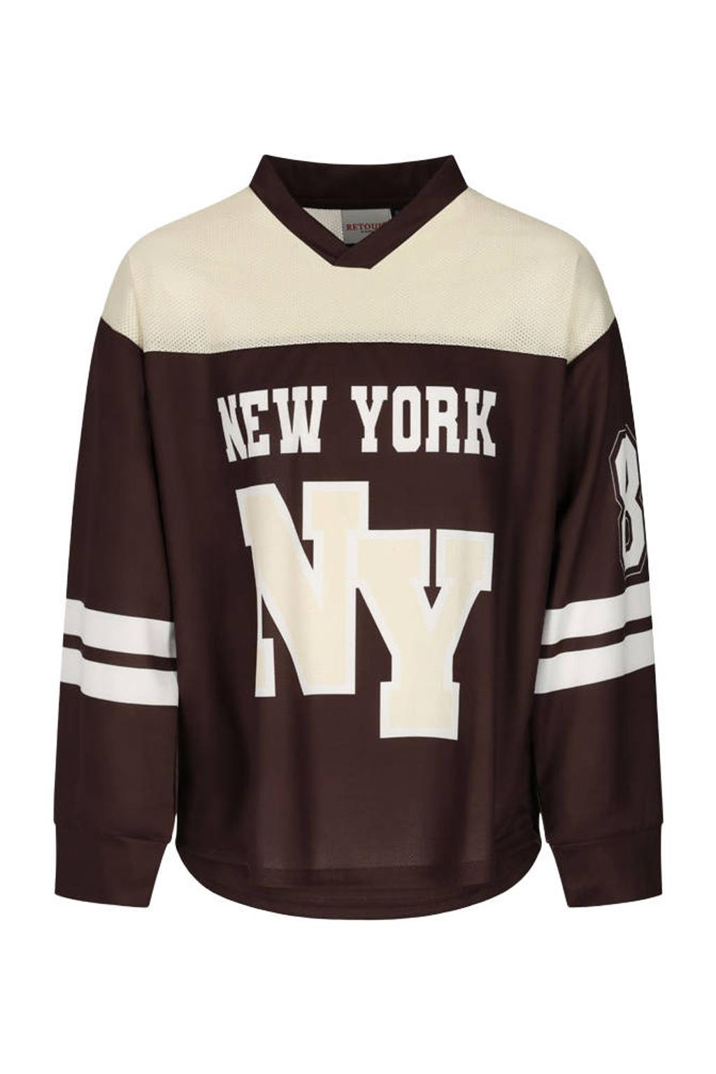 Donkerbruin en ecru meisjes Retour Jeans oversized longsleeve van polyester met meerkleurige print, lange mouwen en V-hals