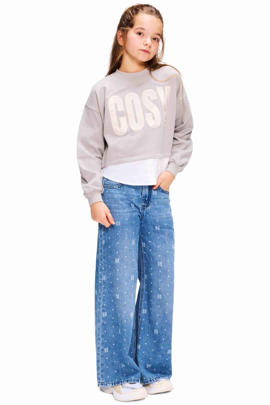 Grijs en witte meisjes Retour Jeans oversized sweater met tekst print, lange mouwen, ronde hals en geribde boorden