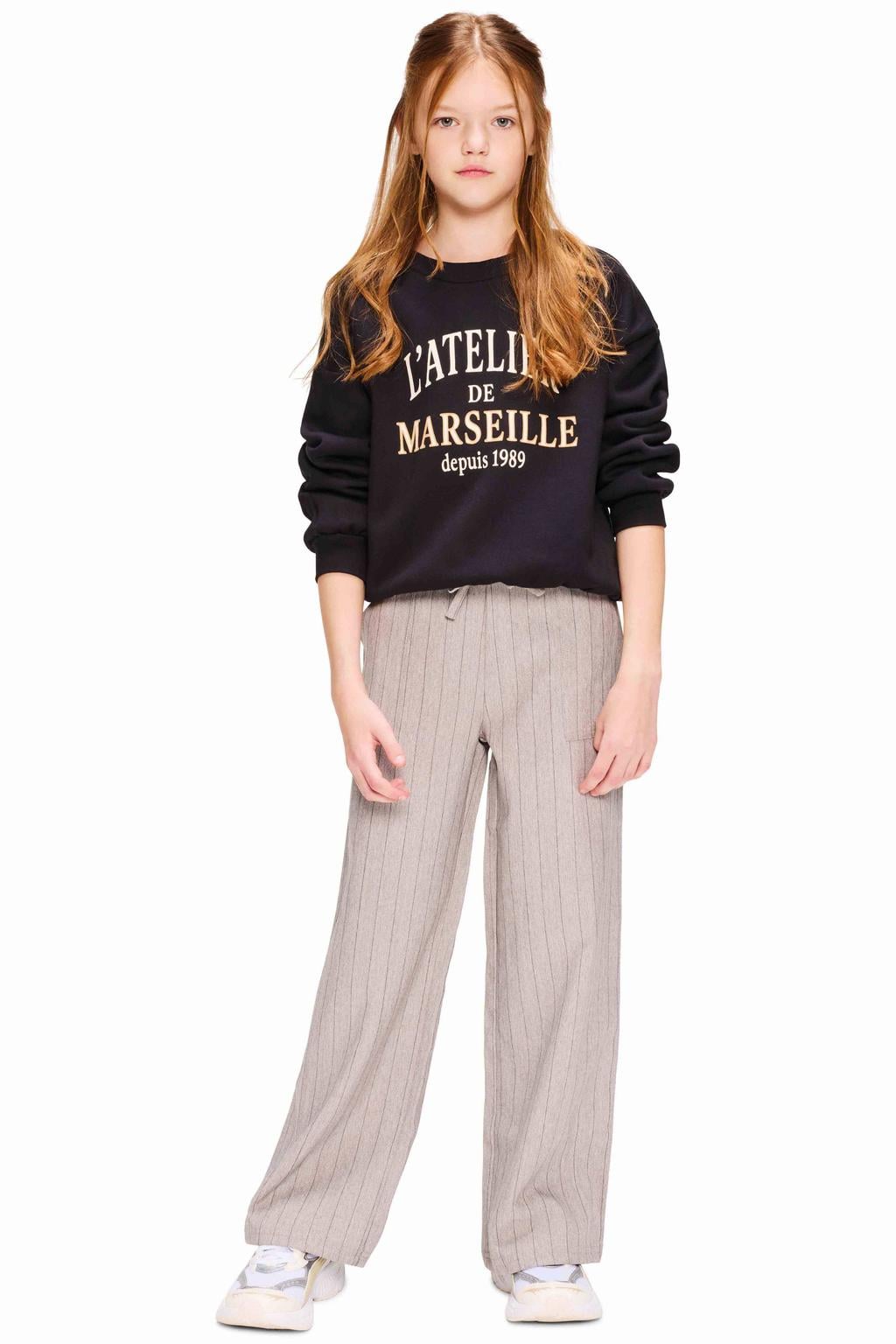 Lichtgrijze meisjes Retour Jeans van polyester met wijde pijpen, regular waist en krijtstreepprint
