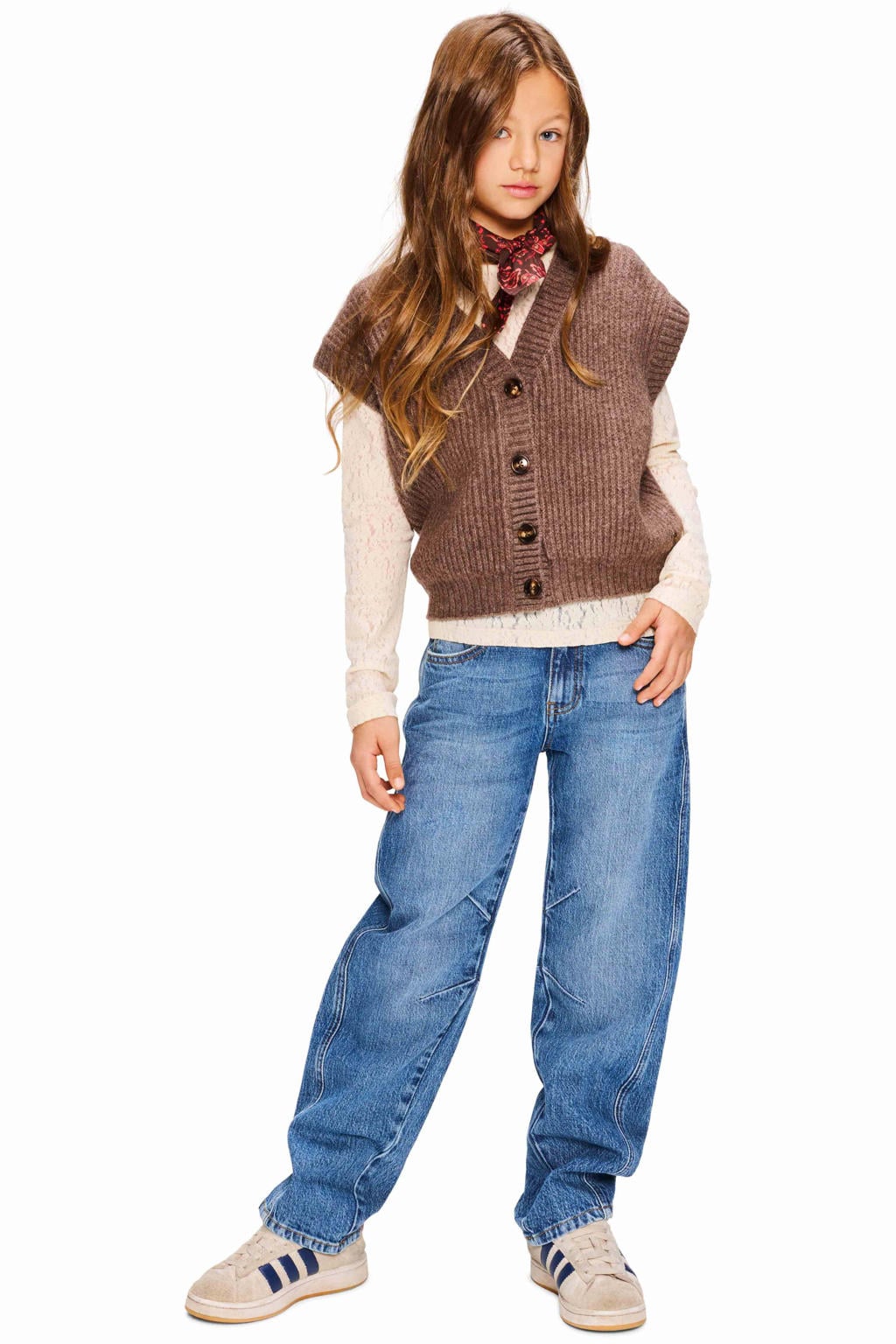 Bruine meisjes Retour Jeans rechtvallend gebreide vest van acryl met effen, V-hals en knoopsluiting