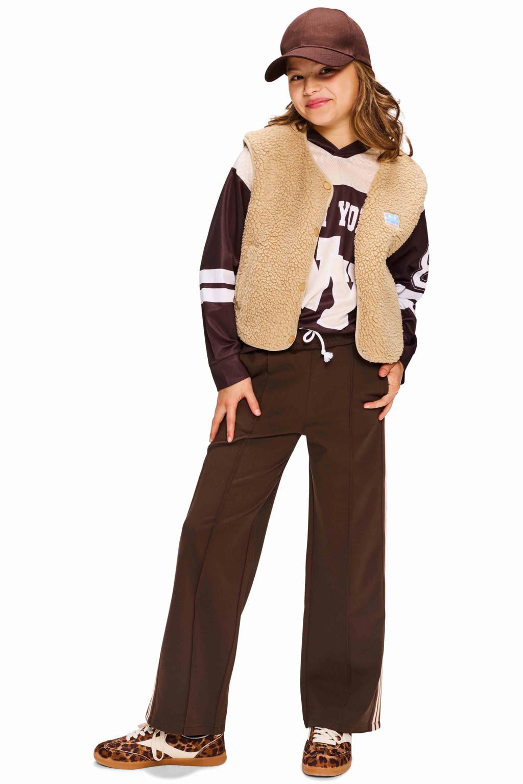 Beige meisjes Retour Jeans teddy gilet met effen, V-hals en drukknoopsluiting