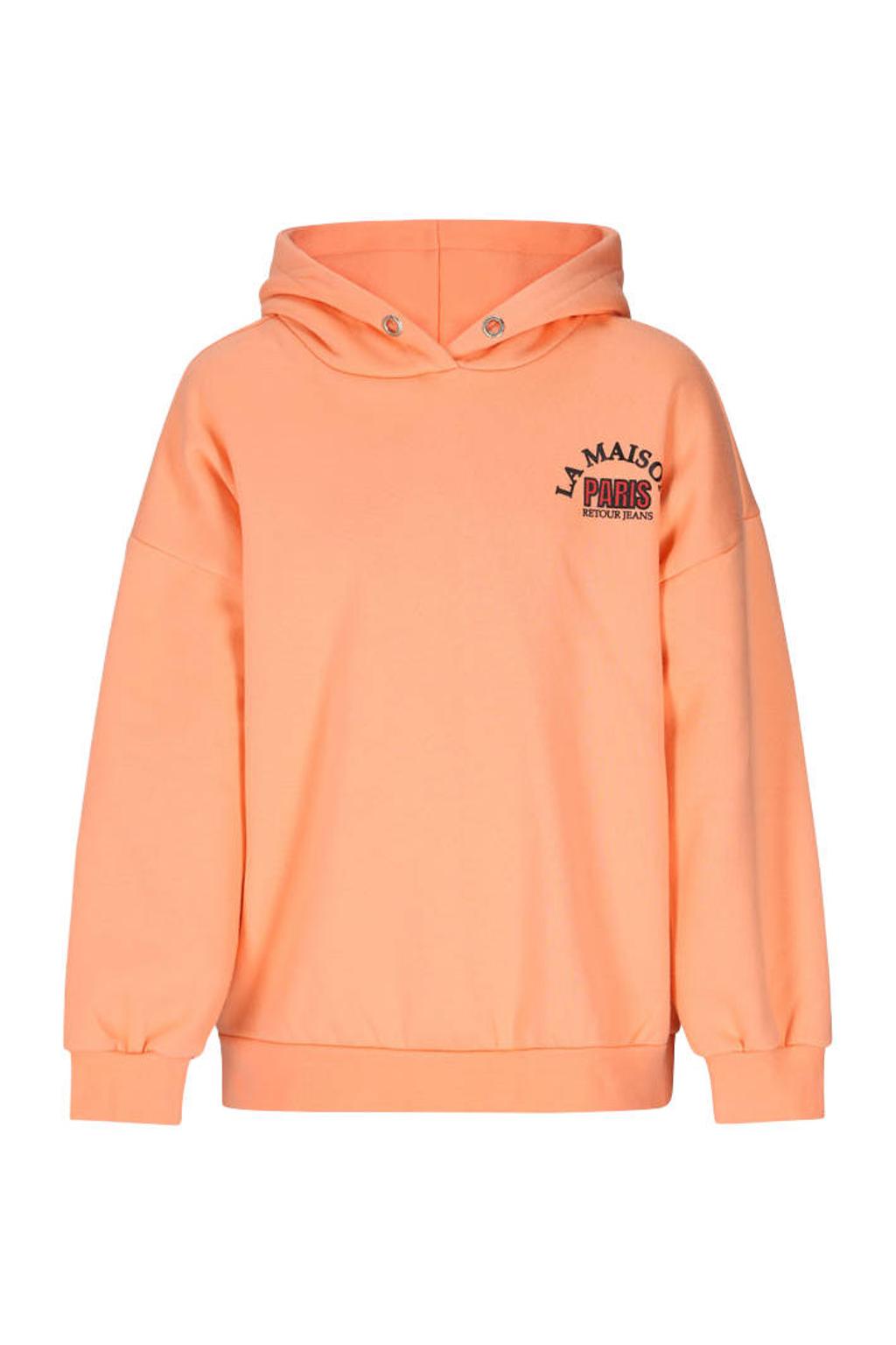 Oranje meisjes Retour Jeans oversized hoodie roze van sweat materiaal met backprint, lange mouwen en capuchon