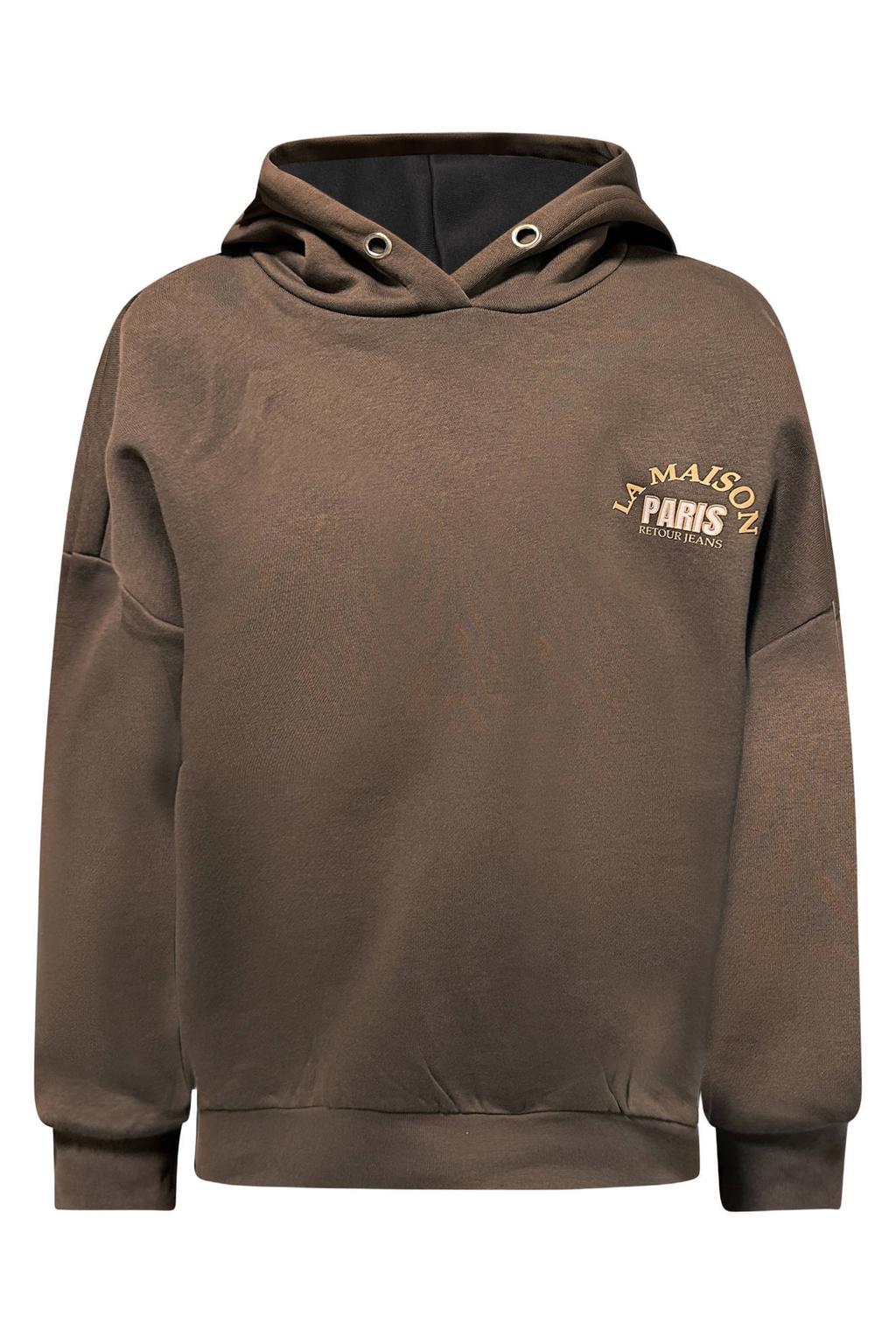 Bruine meisjes Retour Jeans oversized hoodie van sweat materiaal met tekst print, lange mouwen en capuchon