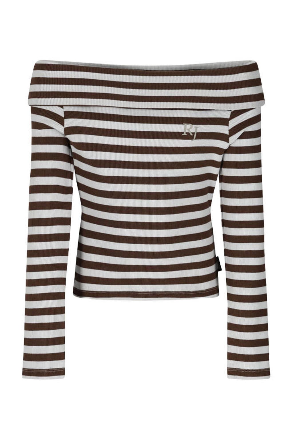 Bruine meisjes Retour Jeans off shoulder rechtvallende gestreepte top offwhite met lange mouwen