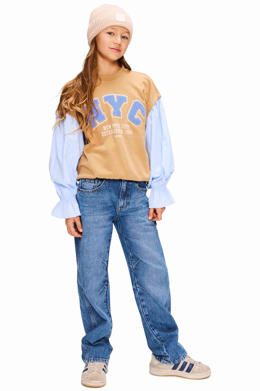 Zand en lichtblauwe meisjes Retour Jeans oversized sweater van katoen met tekst print, lange mouwen en ronde hals