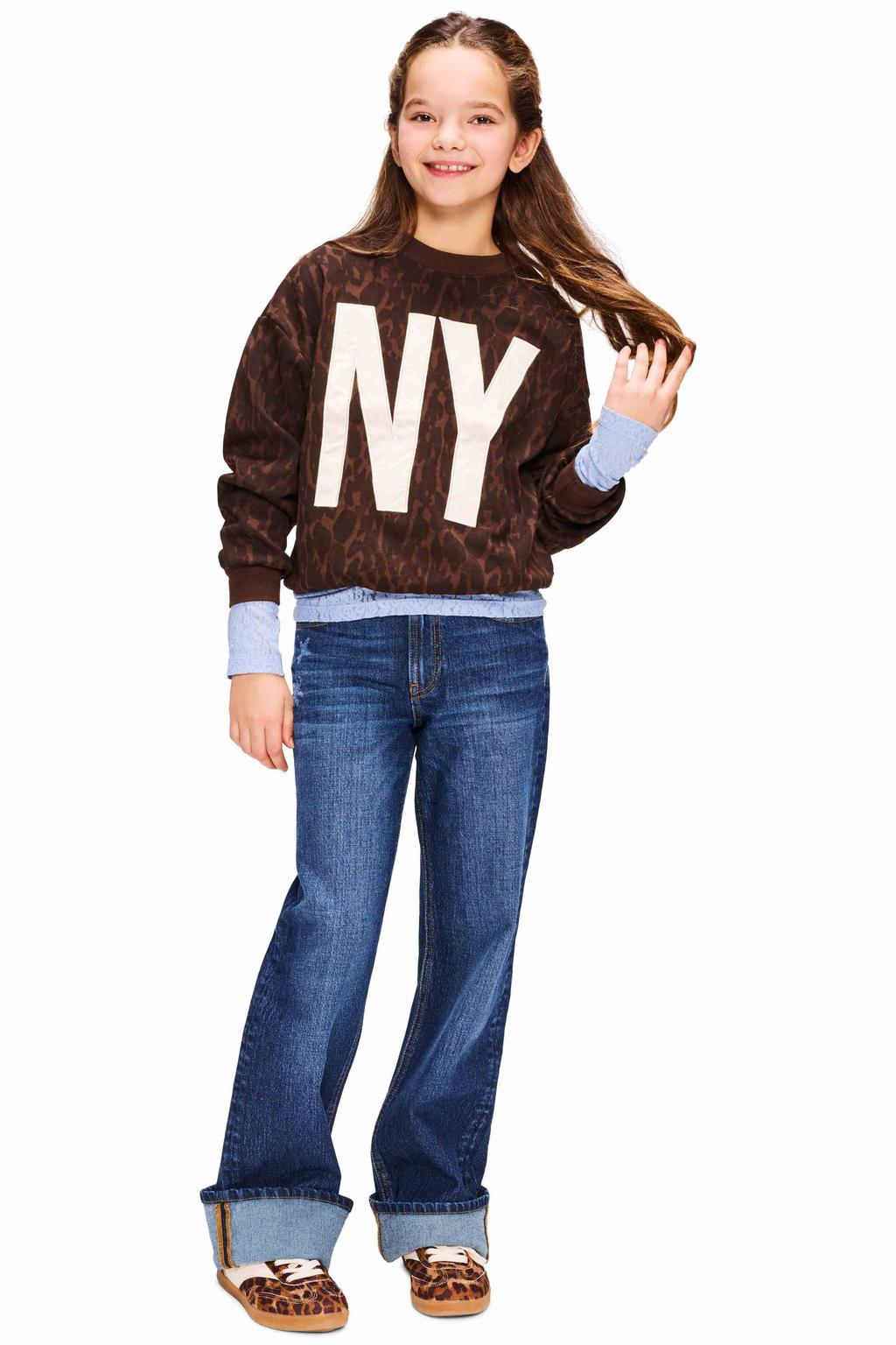 Donkerblauwe meisjes Retour Jeans oversized sweater met panterprint, lange mouwen, ronde hals en geribde boorden