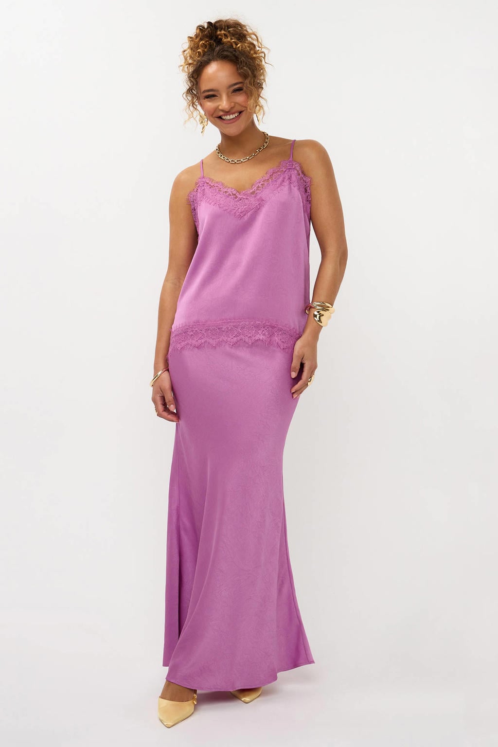 Paarse dames Ydence top van polyester met effen, spaghettibandjes, V-hals en kant