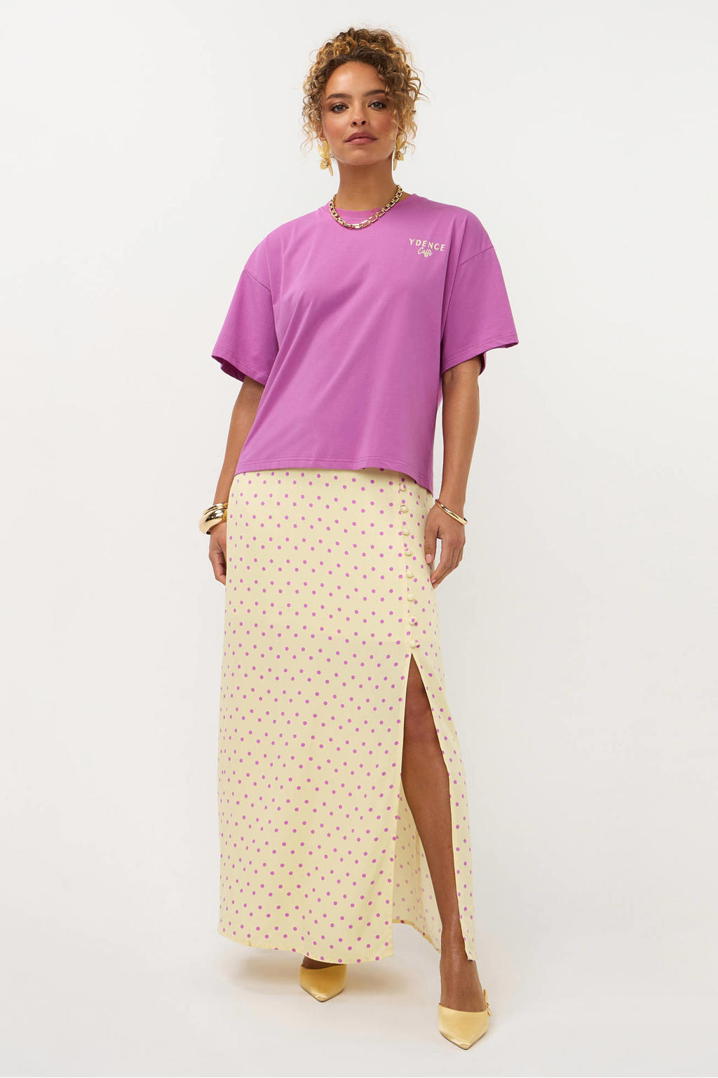 Paarse dames Ydence T-shirt van katoen met backprint, korte mouwen en ronde hals
