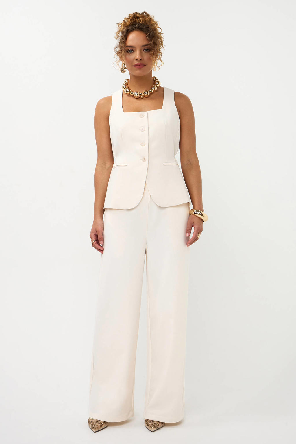 Ecru dames Ydence high waist broek van polyester met loose fit, elastische tailleband en effen