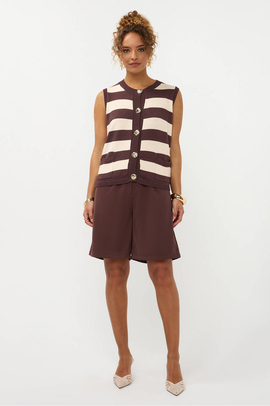 Bruin en ecru dames Ydence gestreept vest gebreid van acryl met ronde hals en knoopsluiting