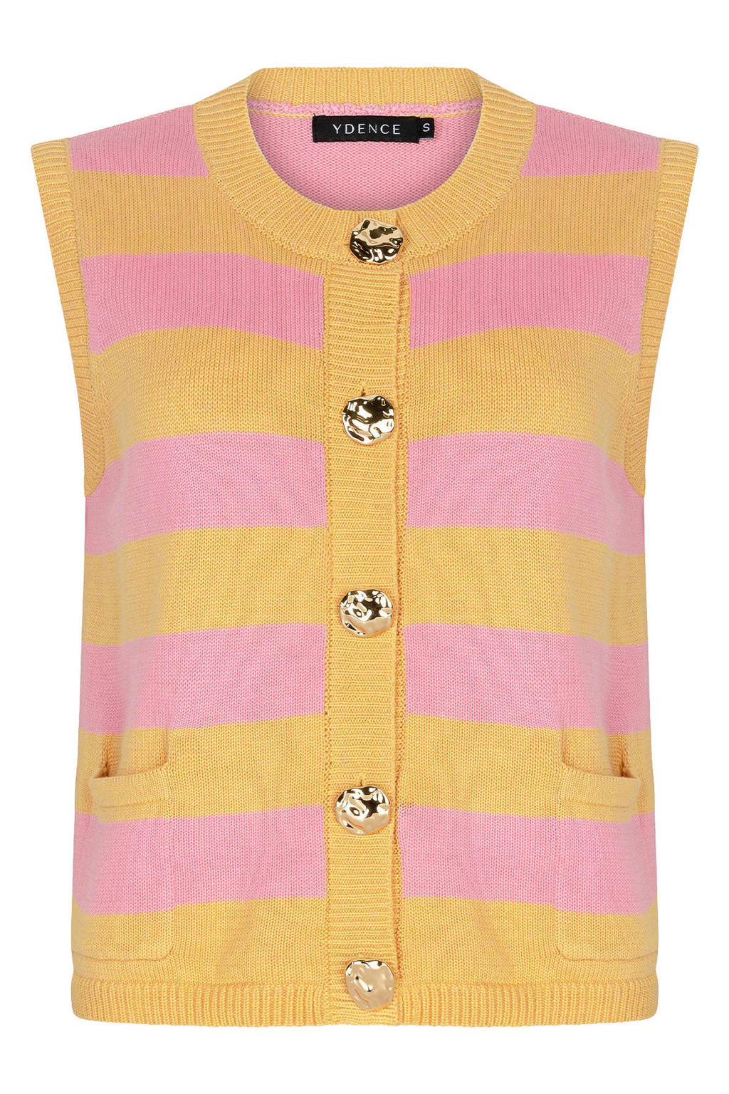 Geel en roze dames Ydence gestreept gebreid vest van acryl met ronde hals en knoopsluiting