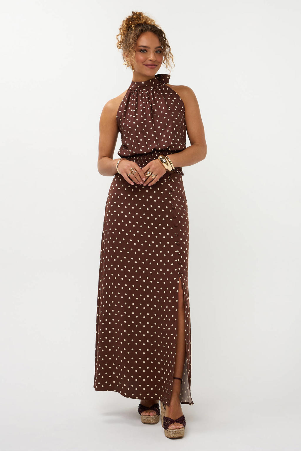 Donkerbruin en ecru dames Ydence maxi rok met stippen gemaakt van rayon