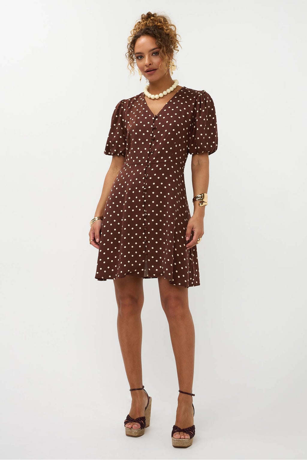 Donkerbruin en ecru dames Ydence A-lijn jurk van rayon met stippenprint, korte mouwen, V-hals en knoopsluiting
