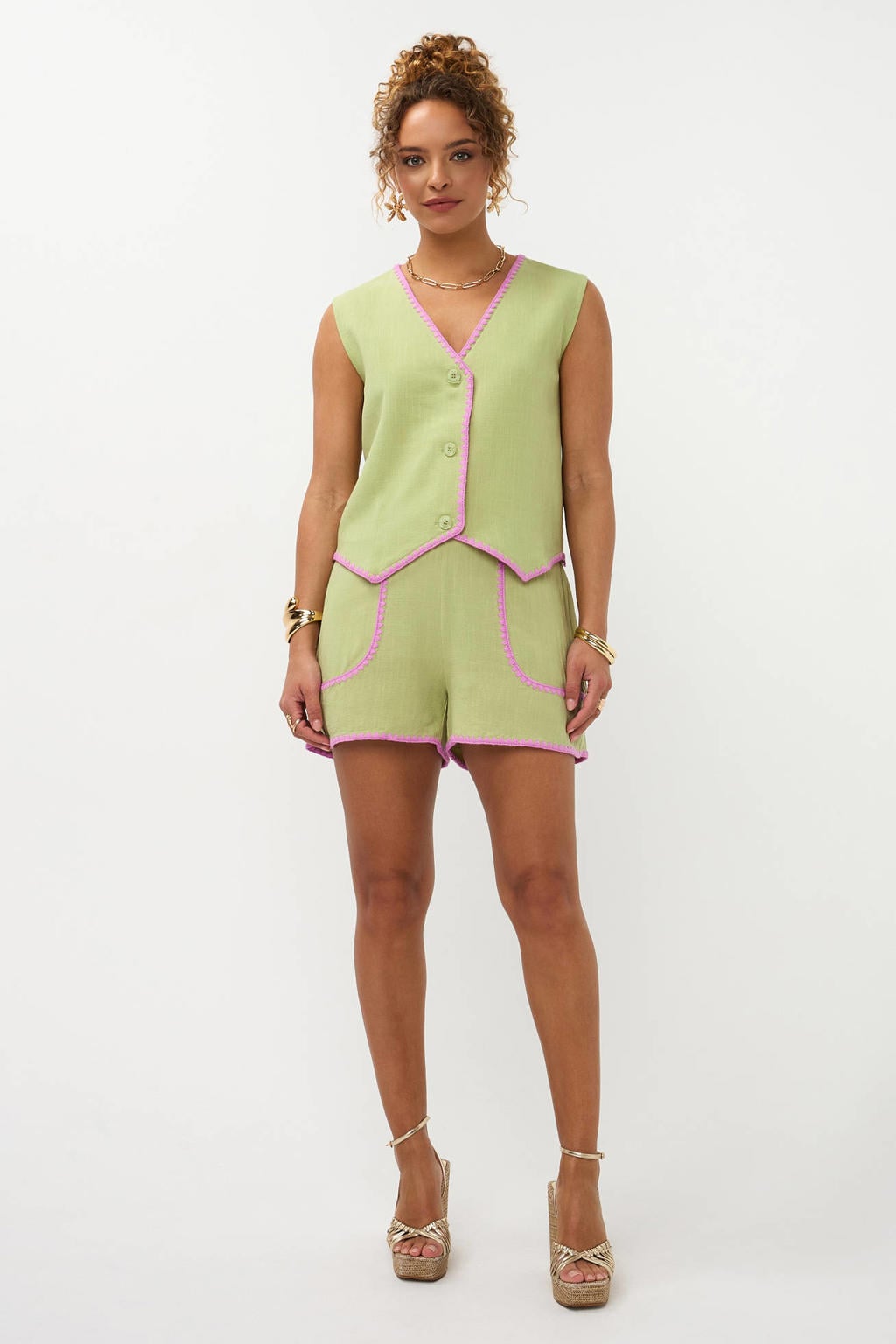 Lichtgroen en paarse dames Ydence regular high waist casual short van katoen met elastische tailleband en effen