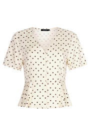 thumbnail: Ecru dames Ydence peplum top van rayon met stippenprint, korte mouwen en V-hals